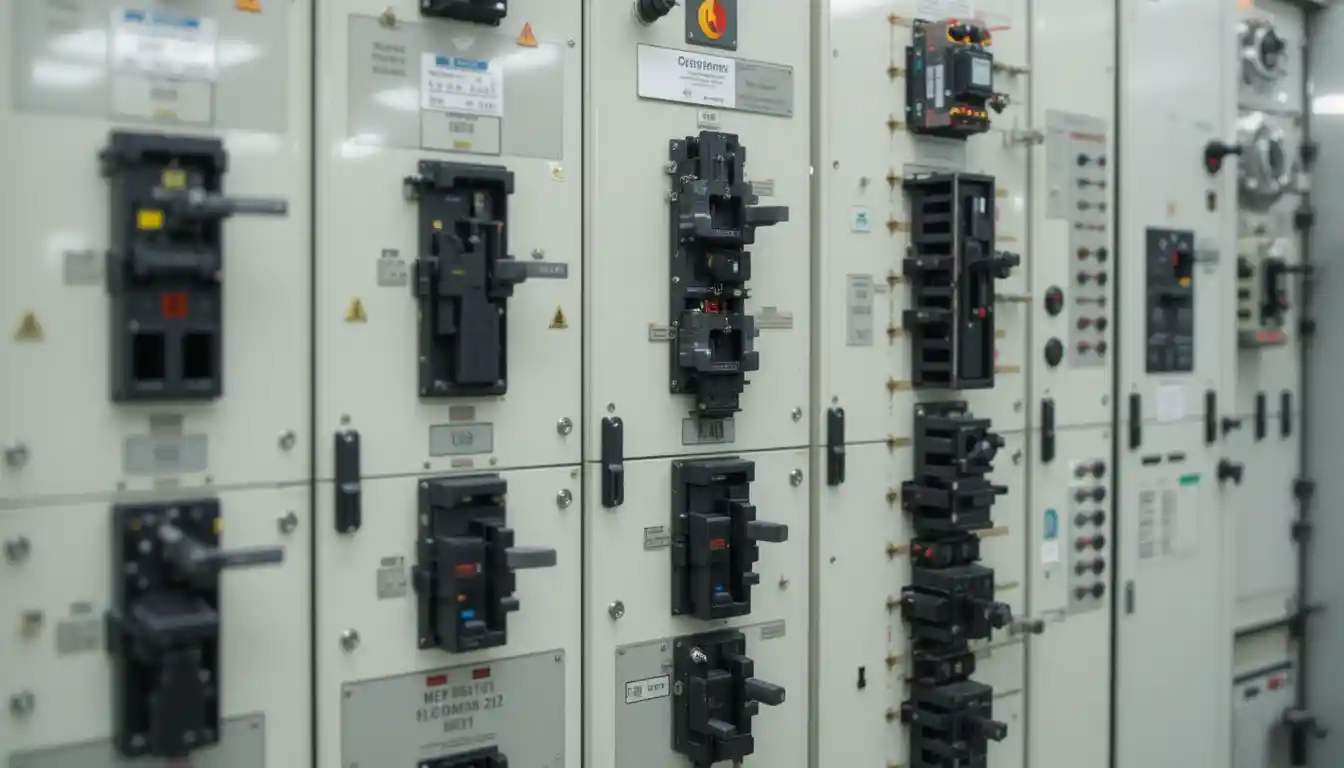 A panel of industrial circuit breakers.